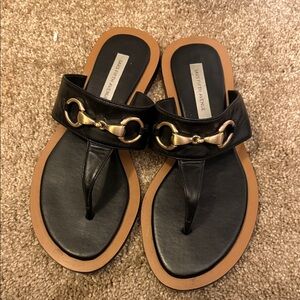 Saks Fifth Avenue Black and Gold Horse but Leather flip flop Sandals women’s 7